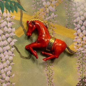 Rare. Vintage Gold Plated enameled Red Horse Brooch